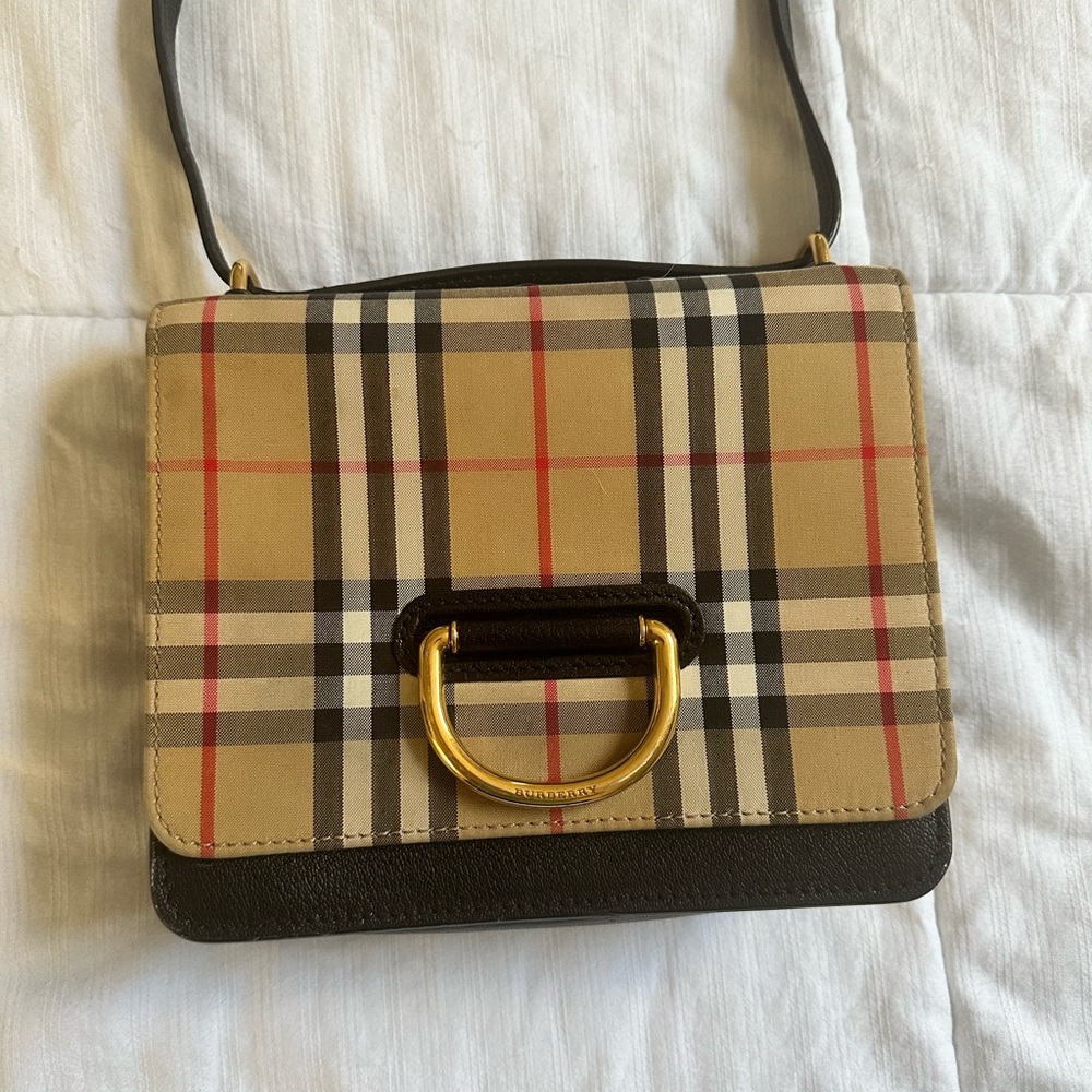 BURBERRY Small D-Ring Vintage Check & Leather Shoulder Bag- Black